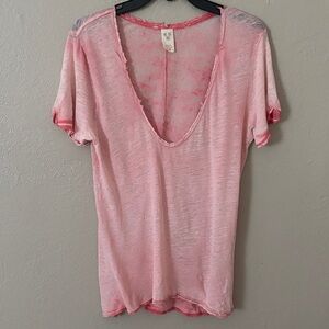 Free People We The Free Saturday Lace Trim Linen Blend Tee Women Coral Medium